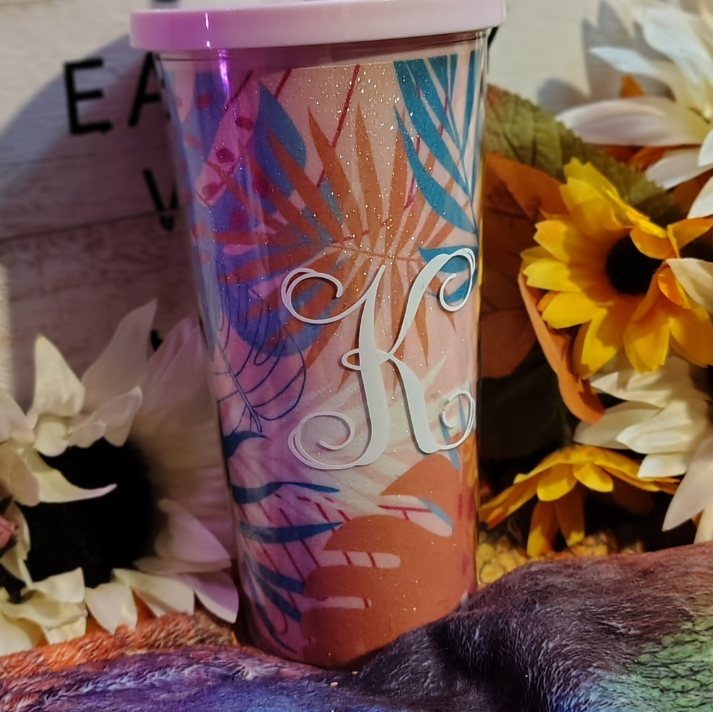 Personalized Tropical Pink Travel Tumbler with Monogram K